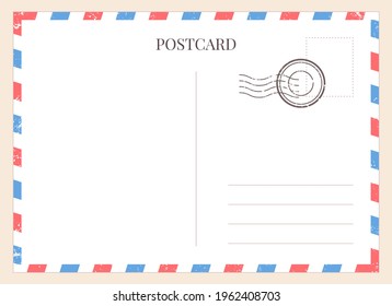 Postcard template. Paper blank postal card backside with stamp and striped frame. Empty vintage mail white letter for message vector mockup. Lines for text message, mail correspondence