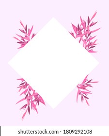 Postcard template with pink floral branches. Frame with empty center for text or image. Card designing. Vector template.