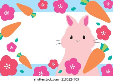 postcard template of rabbit, carrots and plum blossoms  in colorful and pop background