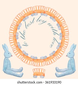 A postcard template in  retro style with old-fashioned toys bunny and wagon