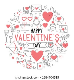 Postcard template with a round composition of lettering and various elements for Valentine's Day.
