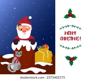 Postcard template with Santa Claus. Chimney pipe. a bag with gifts and a cunning cat. Christmas illustration. Vector. For packaging, cards, greetings and invitations, web pages and social networks.
