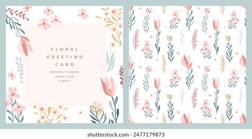 Plantilla de la tarjeta postal y patrón sin fisuras. Diseño floral delicado para sus tarjetas de felicitación, Anuncio de descuento, invitación. Primavera, verano. Ilustración vectorial plana