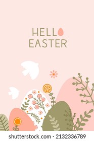 Plantilla postal con silueta de huevos de Pascua, flores y pájaro en suaves colores pastel. Ilustración de huevos elásticos de estilo plano con espacio para el texto. Vector