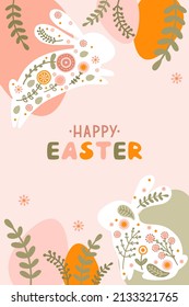 Postcard template with a silhouette of Easter eggs, rabbit and flowers in flat style. Illustration spring hare and eggs in pastel colors and space for your text. Vector