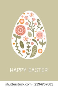 Plantilla postal con silueta de huevos de Pascua, flores en suaves colores pastel. Ilustración de huevos elásticos de estilo plano con espacio para el texto. Vector
