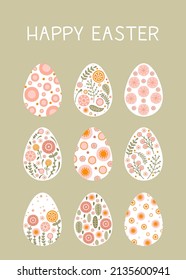 Postcard template with silhouette of Easter eggs, flowers in flat style. Illustration spring eggs in gentle pastel colors with space for your text. Vector