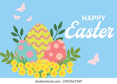 Postcard template with a silhouette Easter eggs, rabbit and flowers in flat style. Spring background, cover, sale banner, flyer design. Template for advertising, web, social media.