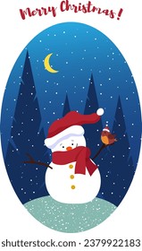 Postcard template with Snowman and bird. Christmas story. Flat vector illustration. For packaging, cards, greetings and invitations, web pages and social networks.