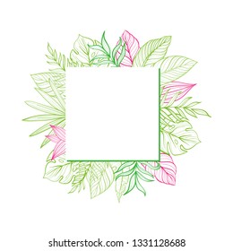 Postcard template with tropical leaves.  Linear illustration. Hand-drawn picture. Vector
