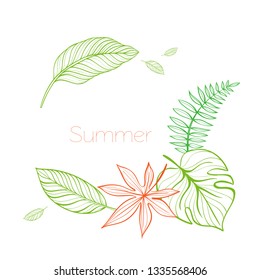 Postcard template with tropical leaves.  Linear illustration. Hand-drawn picture. Vector