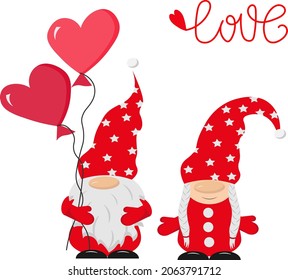 Postcard template with two little gnomes and balloons. Festive illustration for St. Valentines Day. Vector illustration. For use in packaging, prints, for kids, shops, postcards and invitations