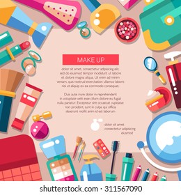 Postcard template of vector flat design cosmetics, make up icons and elements
