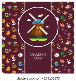 Postcard template of vector modern flat design  farm and agriculture icons and elements
