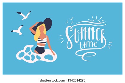 Postcard template with woman wearing swimsuit swimming in sea or ocean and Summer time lettering handwritten with cursive calligraphic font. Colorful seasonal vector illustration in flat style.