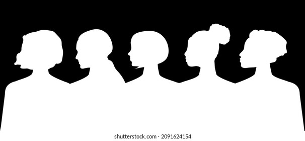 Postcard template with women of different nationalities and religions in the form of a white silhouette on a black background. Vector.