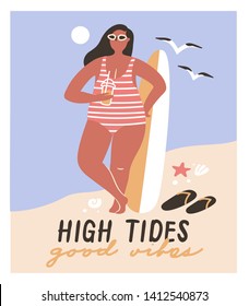 Postcard template with women on the beach. Funny illustrations for design. Summer vacation. Sunbathing and relaxing on the seashore. 