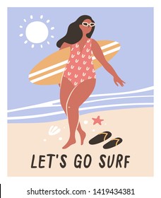 Postcard template with women on the beach. Girl in ocean during surfing.  Funny illustrations for design. Summer vacation. Sunbathing and relaxing on the seashore. 