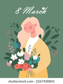 Postcard template for women's day.Beautiful woman with a flower bouquet of spring flowers, leaves. Happy Women's Day wish. Modern festive vector illustration for 8 March celebration.