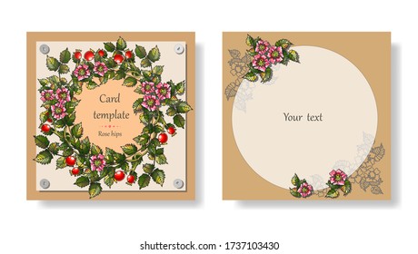 Postcard template with a wreath of rosehip branches. Wedding invitation. Illustrations can be used in postcards, invitations, brochures, tickets, advertisements, banners. Vector graphic, EPS 10.