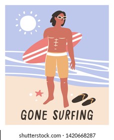 Postcard template with young man on the beach. Man in ocean during surfing.  Funny illustrations for design. Summer vacation. Sunbathing and relaxing on the seashore. 