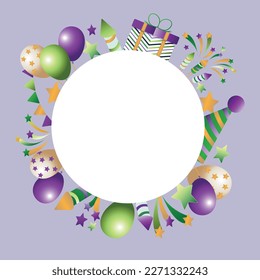 Postcard template.Green, yellow and purple balloons,confetti, fireworks. Happy birthday.	