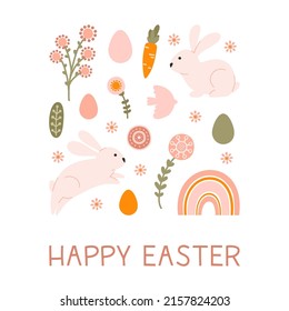 Postcard templates with silhouette holiday Easter egg bunny and flowers in pastel colors. Illustration folklore cute eggs and hare in flat style and space for your text. Vector.