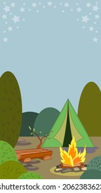 postcard tent on the background of a forest with a fire pot and a log
