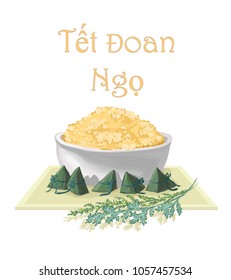 Postcard for Tet Doan Ngo - isolated vector image of glutinous rice in a bowl on a tray with wormwood on a white background for printing, for web sites, for holiday greetings in Vietnam.