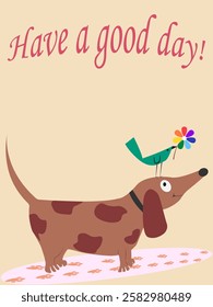 A postcard with a text field featuring a cartoon spotted dog with a small bird on his head. The image is made in warm brown and coffee tones with the addition of rainbow colors and green tones.