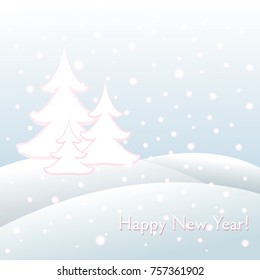 Postcard with text Happy New Year and Christmas Snowdrifts, snowflakes, trees Winter frosty landscape Gift wrapping and background for postcards on New Year and Christmas Template background Vector