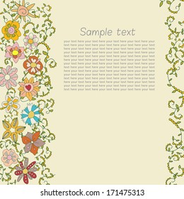 Postcard for text with a vegetative ornament of flowers, scrolls and leaves. Beige background. the vertical arrangement of the ornament