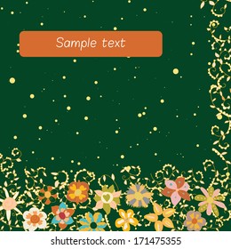 Postcard for text with a vegetative ornament of flowers, scrolls and leaves. Green background. horizontal arrangement of ornament
