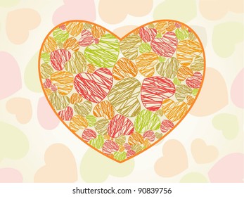 postcard with texture of colorful hearts in one big heart shape on seamless beige background for Valentines Day.