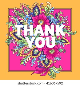 Postcard "Thank you" with a bouquet of flowers on a pink and yellow background