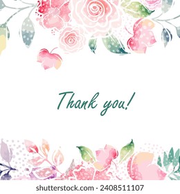 Postkarte. Vielen Dank, dass Sie Text auf einem Hintergrund von Aquarellblumen. Handzeichnung. Nicht AI, Vektorgrafik