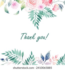 Postcard. Thank you text on a background of watercolor flowers. hand drawing. Not AI, Vector illustration