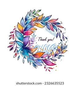 Postcard. Thank you. Wreath of colored leaves. Vector illustration