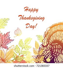 Postcard for Thanksgiving Day. Hand-drawn turkey, leaves
