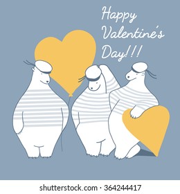 Postcard - three Bears sailor congratulates with Valentine's Day