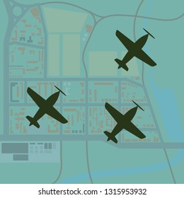 Postcard. Three bomber planes with a propeller fly over the city. Silhouette of the aircraft over the city plan. Vector illustration