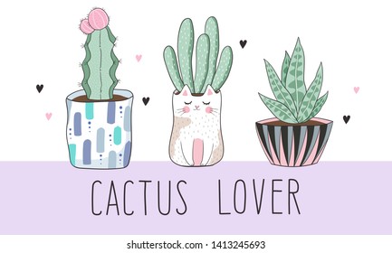 Postcard with three cute cactus in beautiful pots. White background with a purple stripe and the inscription: cactus lover.