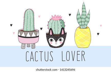 Postcard with three cute cactus in beautiful pots. White background with a blue stripe and the inscription: cactus lover.