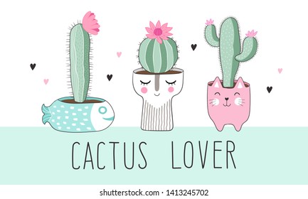 Postcard with three cute cactus in beautiful pots. White background with a mint stripe and the inscription: cactus lover.