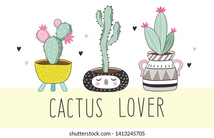 Postcard with three cute cactus in beautiful pots. White background with a yellow stripe and the inscription: lover cactus.