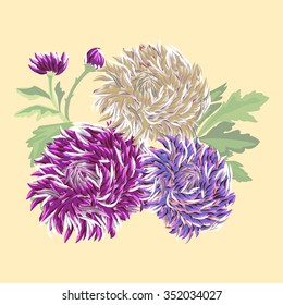 postcard with three delicate chrysanthemum on a warm beige background, emotional picture