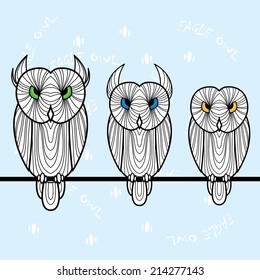 Postcard with three owls. Two owl with different ears and one owl without ears