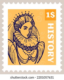 Postcard or ticket, entry admission to historical sights. Isolated paper with queen portrait and prices fees. Postmark design, postal stamp in monochrome sketch outline. Vector in flat style
