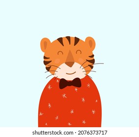 
Postcard with a Tiger in a New Year's sweater and a bow tie