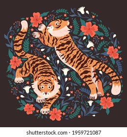 Postcard with tigers and flowers on a dark background. Vector graphics.